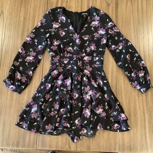 Sugar lips floral black purple Long Sleeve chiffon flowy flare Mini dress S